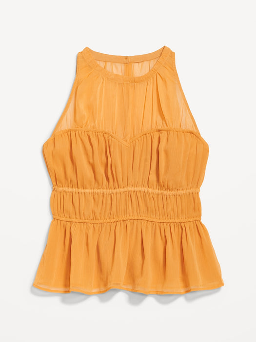 Sleeveless Shirred Crinkled Peplum Blouse for Women
