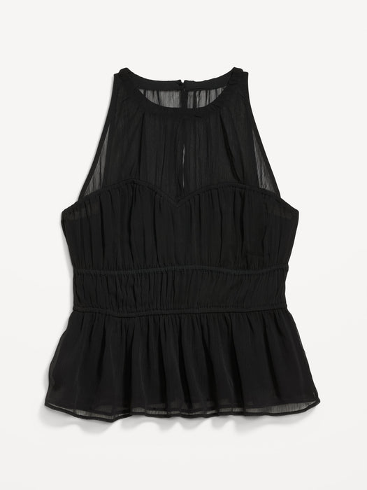Sleeveless Shirred Crinkled Peplum Blouse for Women
