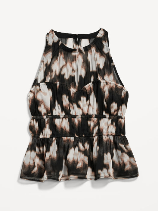 Sleeveless Shirred Crinkled Peplum Blouse for Women