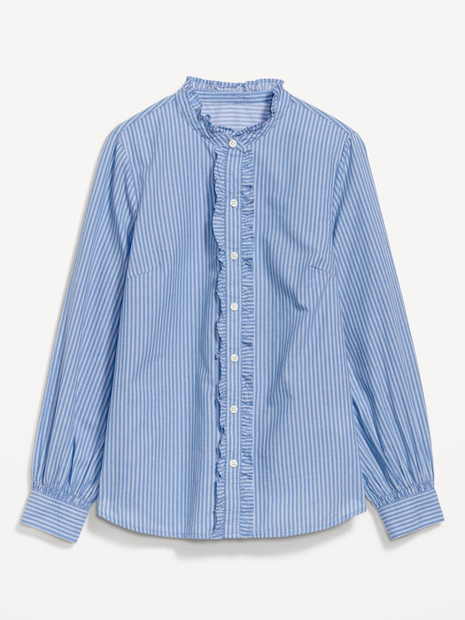 Ruffle-Trimmed Striped Collarless Tuxedo Shirt for Women