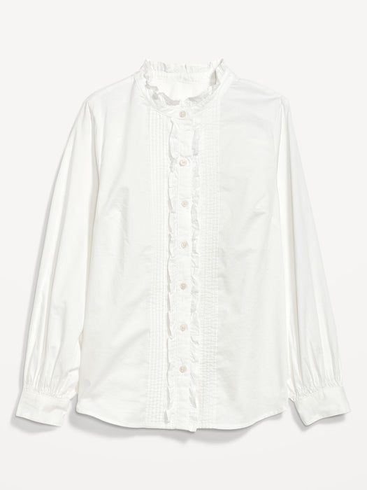 Ruffle-Trimmed Pintucked Collarless Tuxedo Shirt for Women