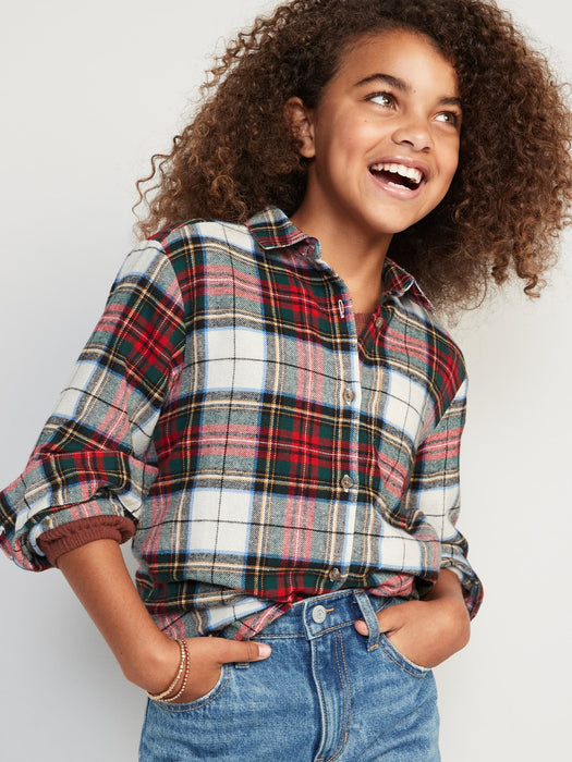 Cozy Long-Sleeve Button-Front Plaid Shirt for Girls - White