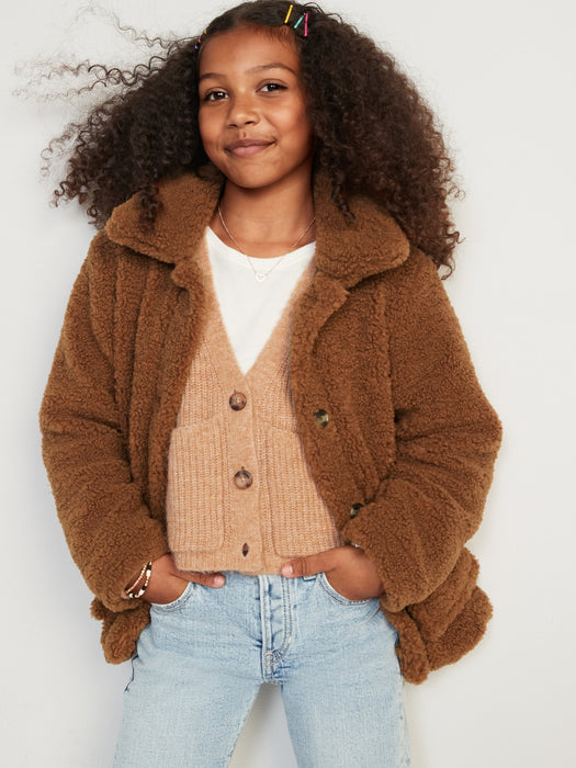 Cozy Sherpa Button-Front Jacket for Girls - Brown