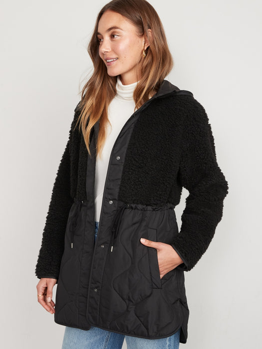 Hooded Sherpa Quilted Hybrid Coat for Women - Black