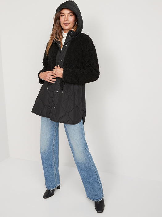 Hooded Sherpa Quilted Hybrid Coat for Women - Black