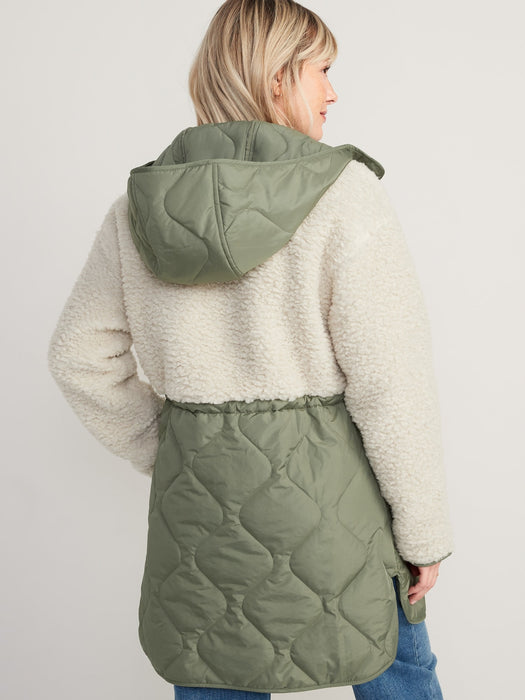 Hooded Sherpa Quilted Hybrid Coat for Women