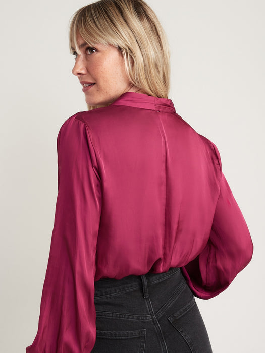 Cross-Front Satin Long-Sleeve Blouse for Women