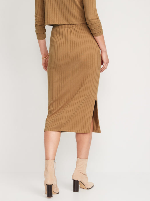 Fitted Rib-Knit Midi Skirt for Women - Yellow
