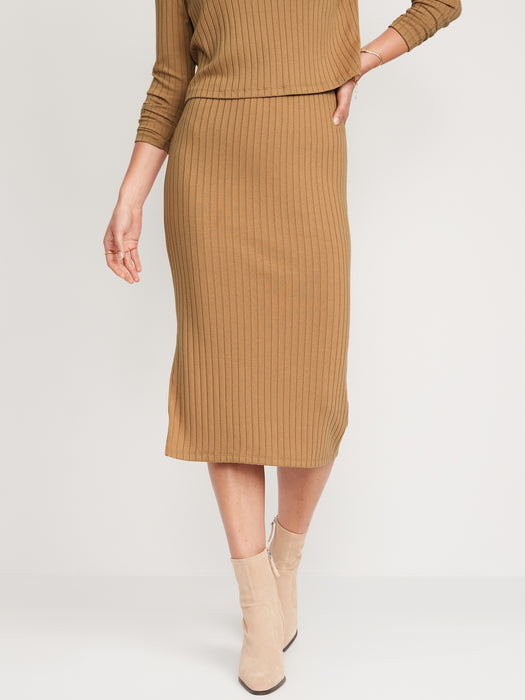 Fitted Rib-Knit Midi Skirt for Women - Yellow