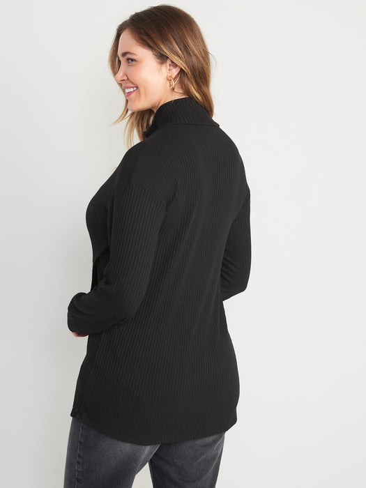 Maternity Cross-Front Rib-Knit Turtleneck Nursing Top - Black