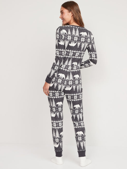 Matching Printed Thermal-Knit One-Piece Pajamas for Women - Multi