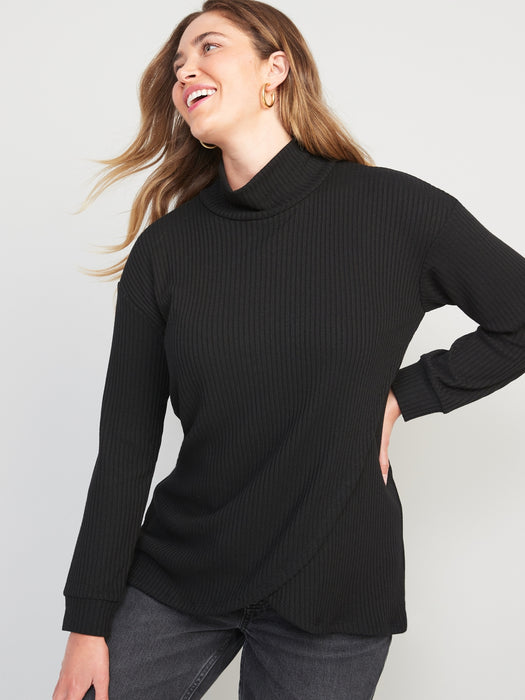 Maternity Cross-Front Rib-Knit Turtleneck Nursing Top - Black