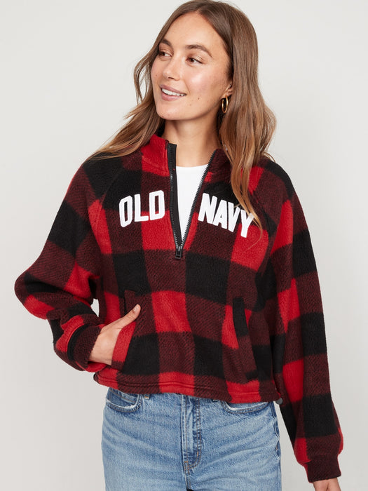 Oversized Buffalo Plaid Logo Sherpa Quarter-Zip Sweatshirt for Women