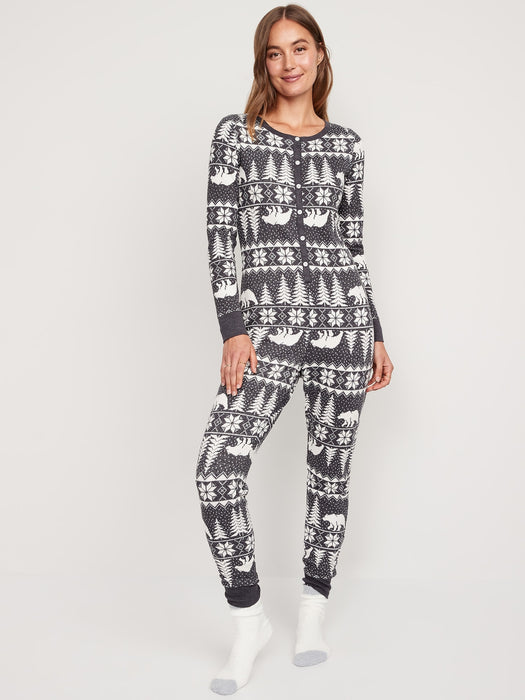 Matching Printed Thermal-Knit One-Piece Pajamas for Women - Multi