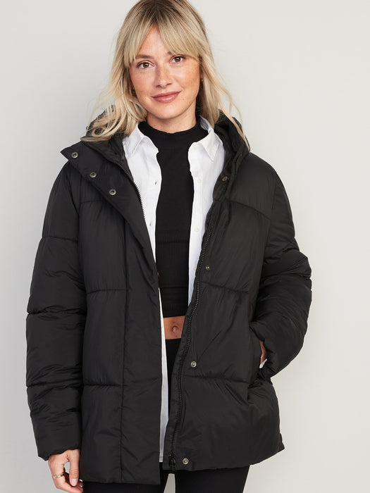 Water-Resistant Hooded Puffer Jacket for Women - Black