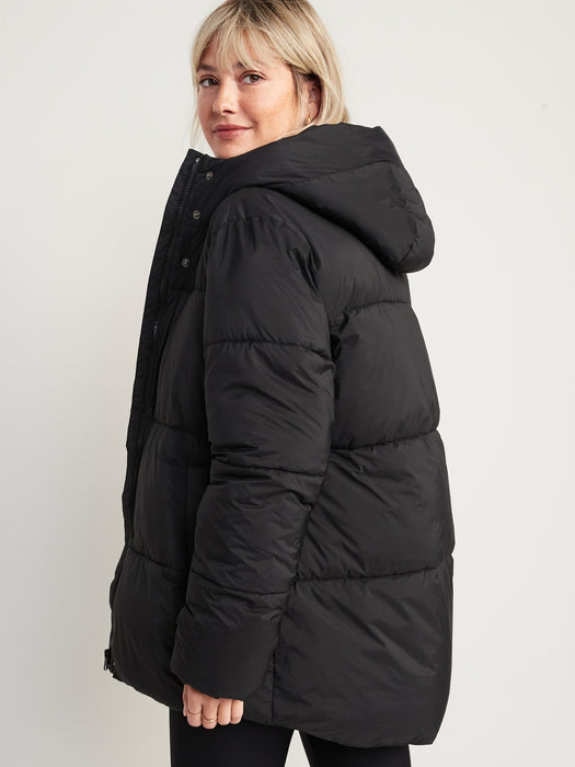 Water-Resistant Hooded Puffer Jacket for Women - Black