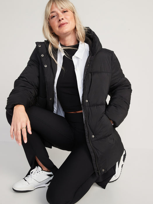 Water-Resistant Hooded Puffer Jacket for Women - Black
