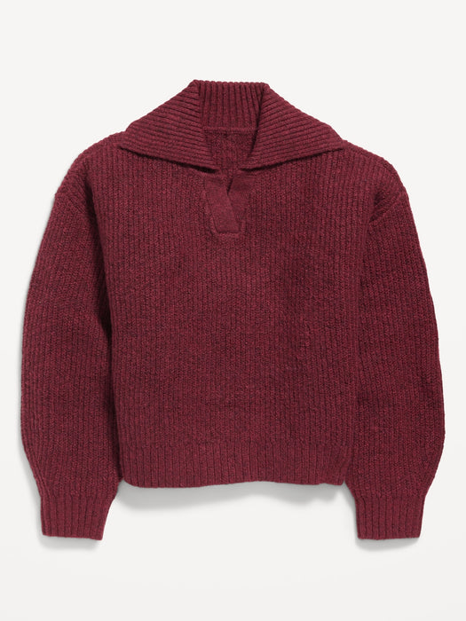 Shawl-Collar Shaker-Stitch Cropped Pullover Sweater for Girls