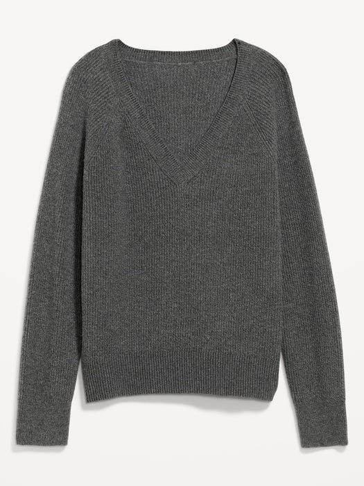 V-Neck Heathered Shaker-Stitch Cocoon Sweater for Women