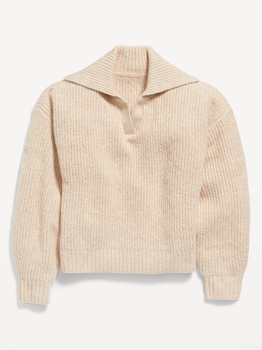 Shawl-Collar Shaker-Stitch Cropped Pullover Sweater for Girls - Beige
