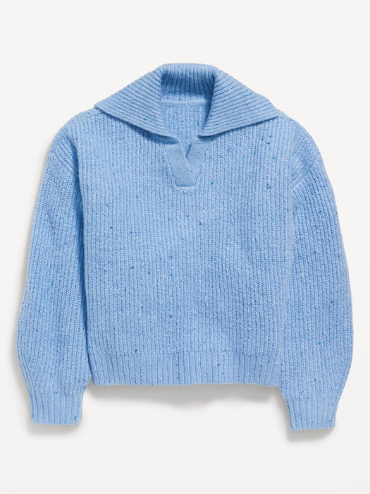 Shawl-Collar Shaker-Stitch Cropped Pullover Sweater for Girls