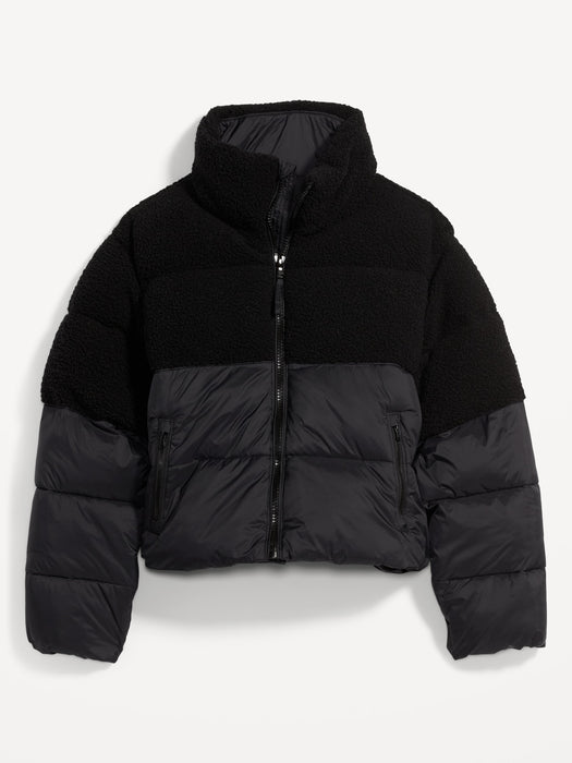 Short Sherpa-Paneled Puffer Jacket for Women - Black