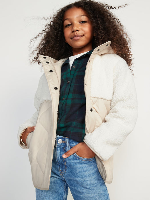Hooded Sherpa Quilted Hybrid Coat for Girls - White