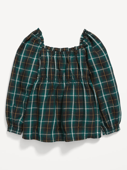 Long-Sleeve Ruffle-Trim Plaid Seersucker Top for Toddler Girls - Green