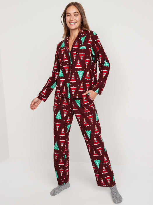 Printed Flannel Pajama Set for Women - Red