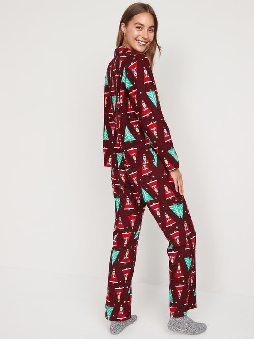 Printed Flannel Pajama Set for Women - Red