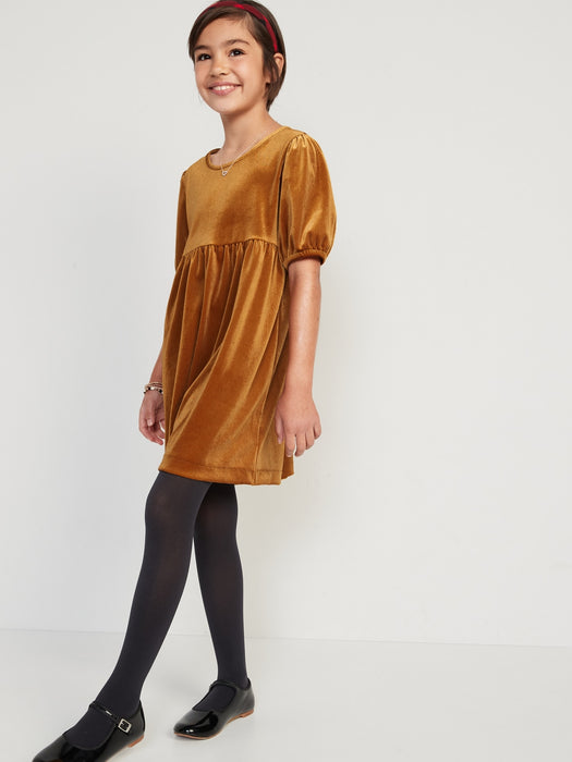 Cozy Velour Puff-Sleeve Swing Dress for Girls - Gold