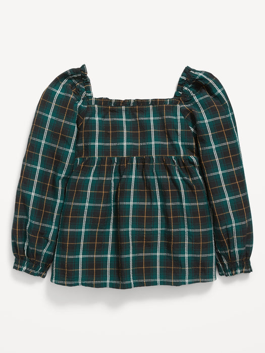 Long-Sleeve Ruffle-Trim Plaid Seersucker Top for Toddler Girls - Green