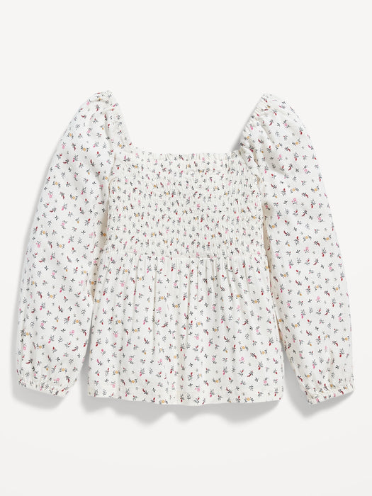 Long-Sleeve Smocked Floral-Print Cutout Bow Top for Girls - White