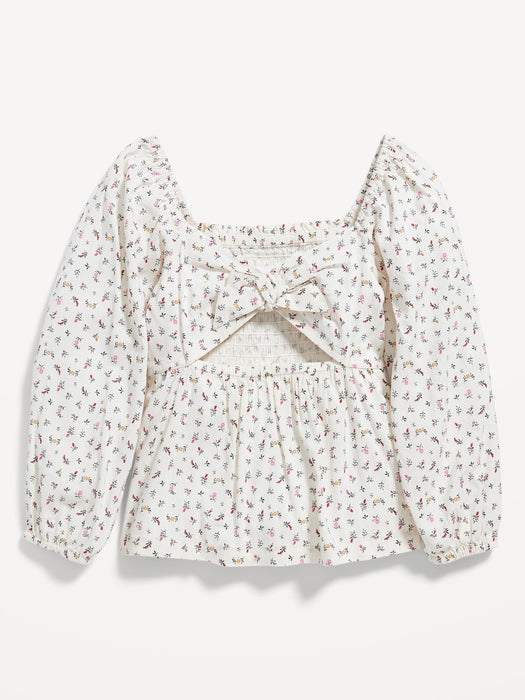 Long-Sleeve Smocked Floral-Print Cutout Bow Top for Girls - White