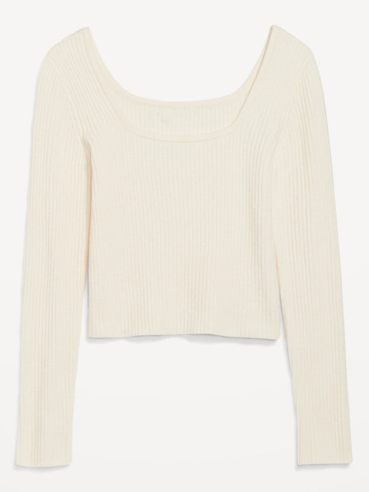 Fitted Cropped Square-Neck Rib-Knit Sweater for Women - White