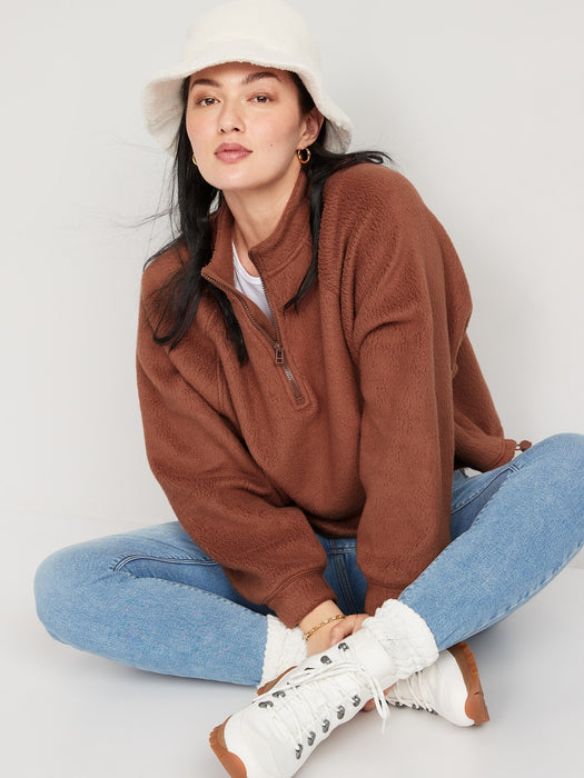 Oversized Sherpa Half-Zip Sweatshirt for Women - Brown