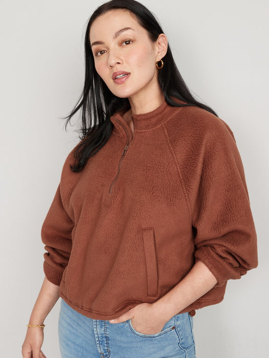 Oversized Sherpa Half-Zip Sweatshirt for Women - Brown