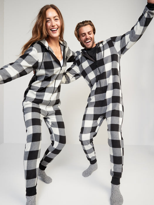 Gender-Neutral Matching Print Microfleece One-Piece Pajamas for Adults - Multi