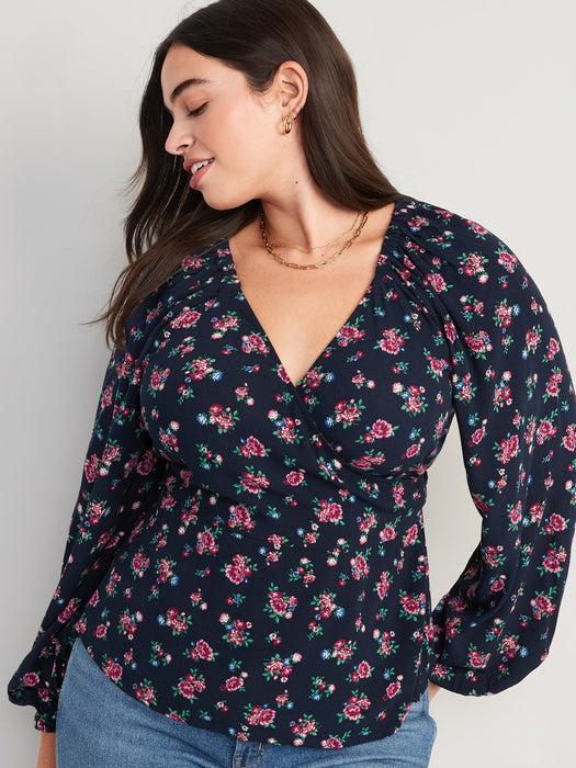 Puff-Sleeve Smocked Wrap Blouse for Women