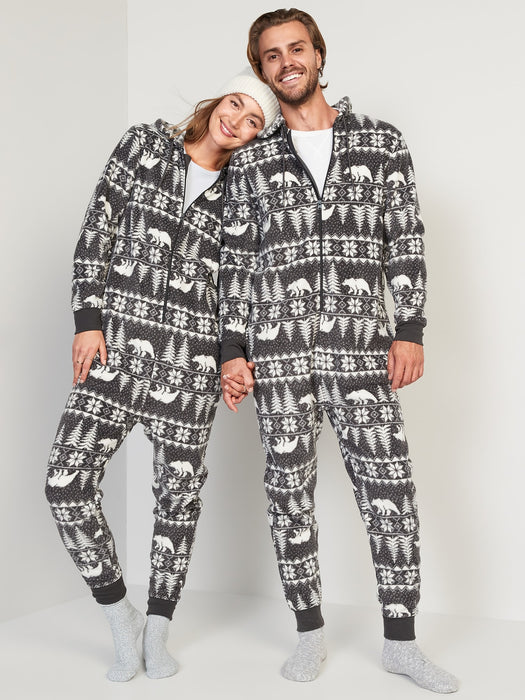 Gender-Neutral Matching Print Microfleece One-Piece Pajamas for Adults - Multi