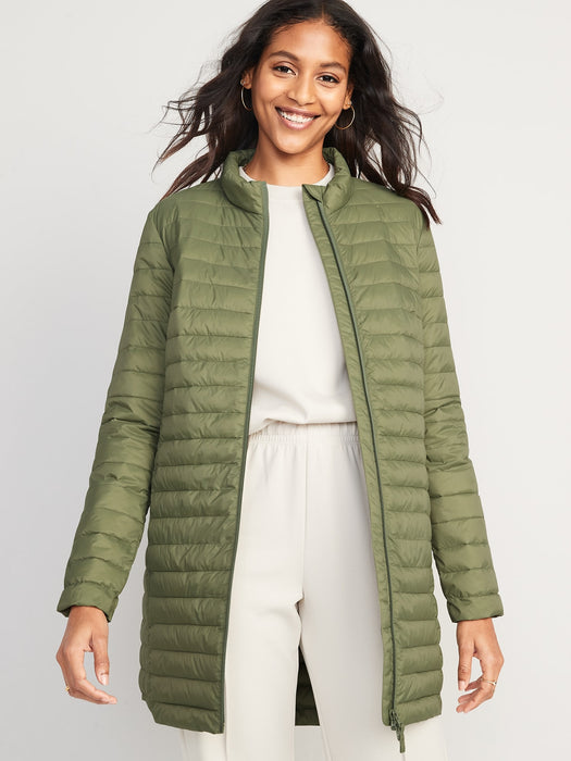 Water-Resistant Quilted Zip-Front Tunic Jacket for Women - Green