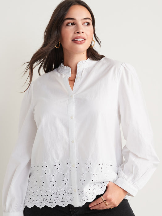 Collarless Embroidered Scalloped Shirt for Women