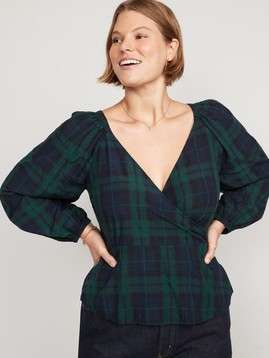 Puff-Sleeve Plaid Smocked Seersucker Wrap Blouse for Women - Blue