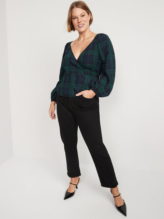 Puff-Sleeve Plaid Smocked Seersucker Wrap Blouse for Women - Blue