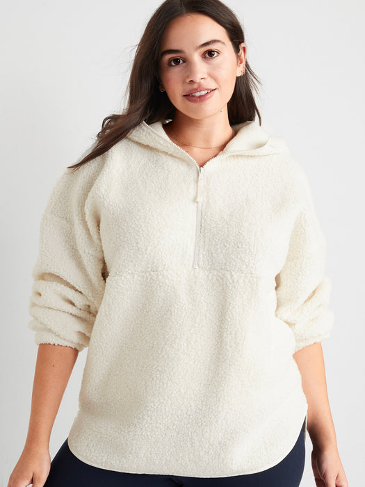 Cozy Sherpa Half-Zip Tunic Hoodie for Women - White