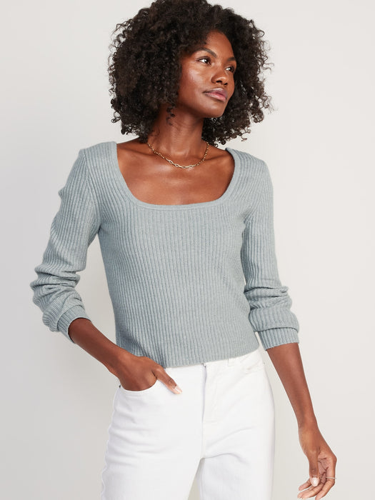 Fitted Cropped Square-Neck Rib-Knit Sweater for Women