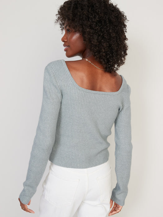Fitted Cropped Square-Neck Rib-Knit Sweater for Women