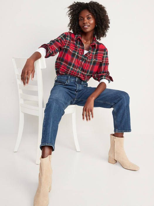 Long-Sleeve Plaid Flannel Boyfriend Tunic Shirt for Women