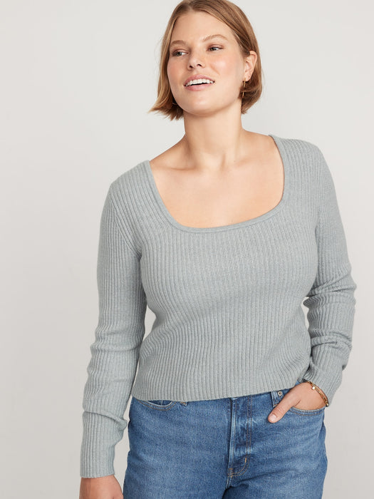 Fitted Cropped Square-Neck Rib-Knit Sweater for Women