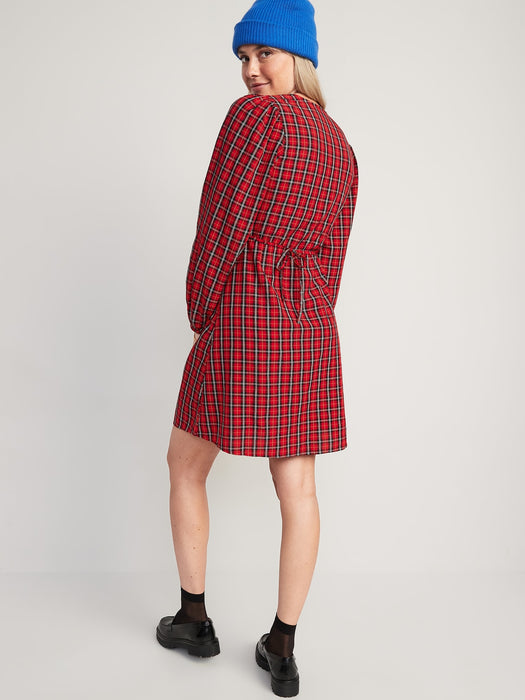 Puff-Sleeve Plaid Seersucker Mini Wrap Dress for Women
